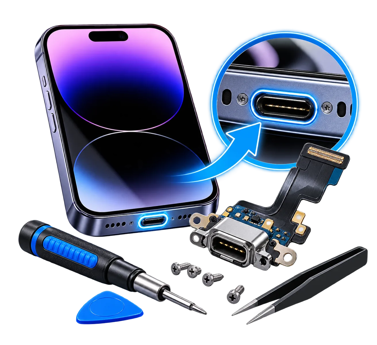 Ladeport reparasjon for iPhone, Samsung, Google Pixel og OnePlus hos Mobile Doctor